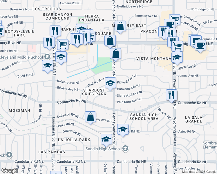 map of restaurants, bars, coffee shops, grocery stores, and more near 7512 Pickard Avenue Northeast in Albuquerque