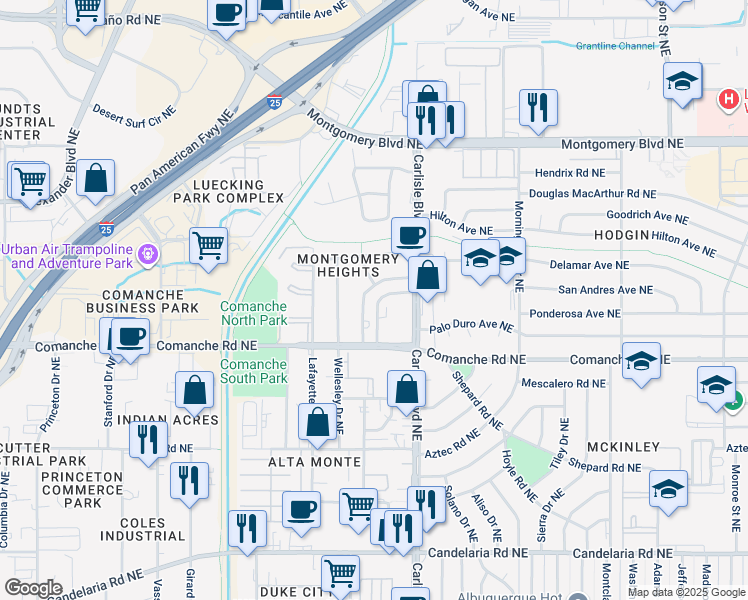 map of restaurants, bars, coffee shops, grocery stores, and more near 3909 Tulane Drive Northeast in Albuquerque