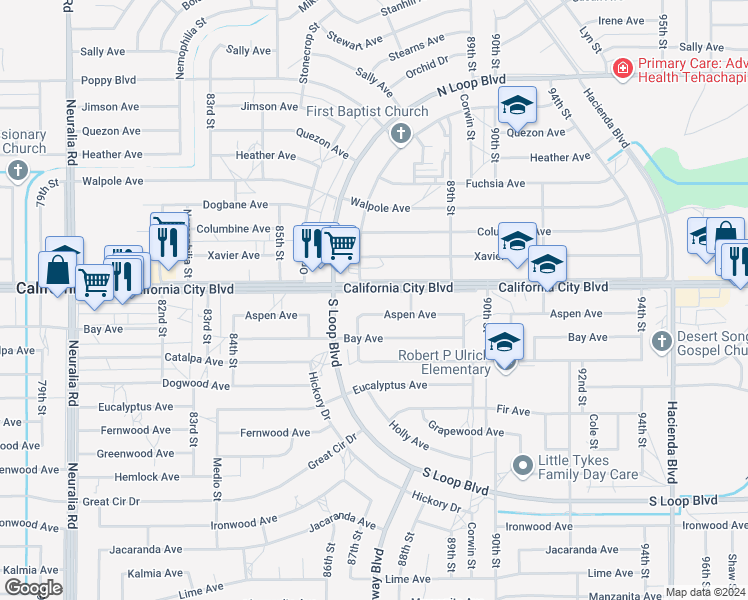 map of restaurants, bars, coffee shops, grocery stores, and more near 8760 California City Boulevard in California City