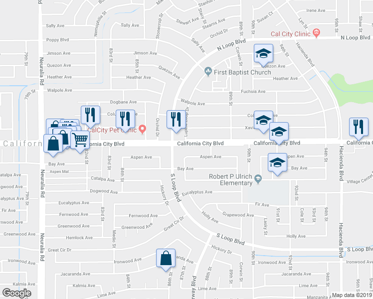 map of restaurants, bars, coffee shops, grocery stores, and more near 8700 California City Boulevard in California City