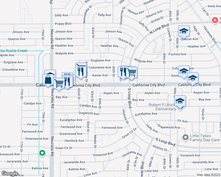 map of restaurants, bars, coffee shops, grocery stores, and more near 8525 Aspen Avenue in California City