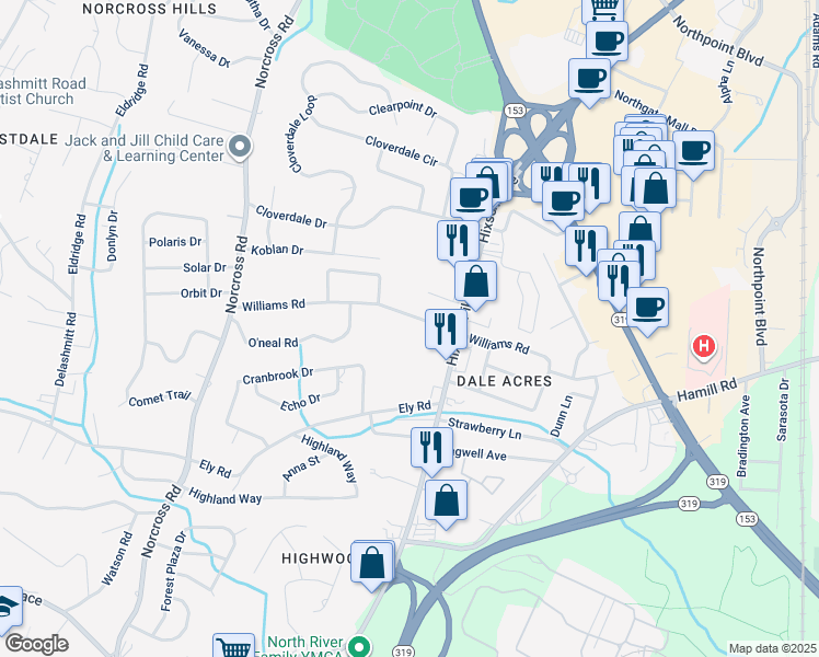 map of restaurants, bars, coffee shops, grocery stores, and more near 1518 Williams Road in Chattanooga