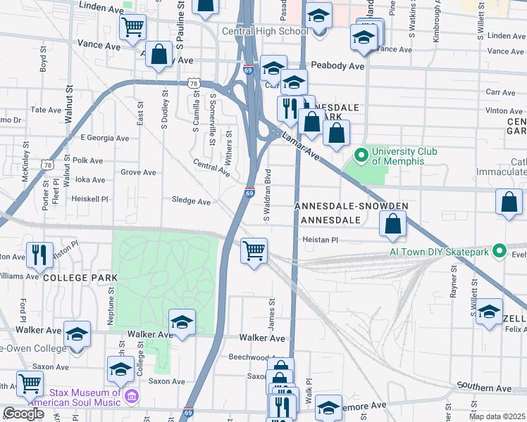 map of restaurants, bars, coffee shops, grocery stores, and more near 1183 Sledge Avenue in Memphis