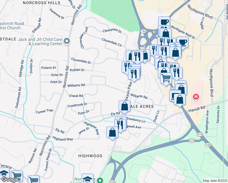 map of restaurants, bars, coffee shops, grocery stores, and more near 1518 Williams Road in Chattanooga