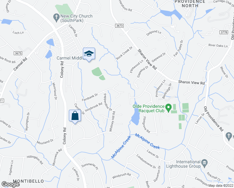 map of restaurants, bars, coffee shops, grocery stores, and more near 2301 Fernbank Drive in Charlotte