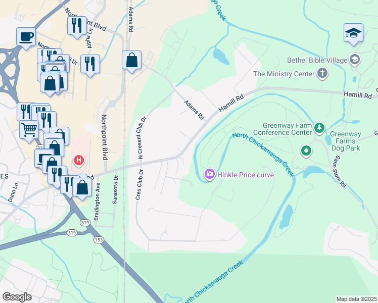 map of restaurants, bars, coffee shops, grocery stores, and more near 2412 Hamill Road in Chattanooga