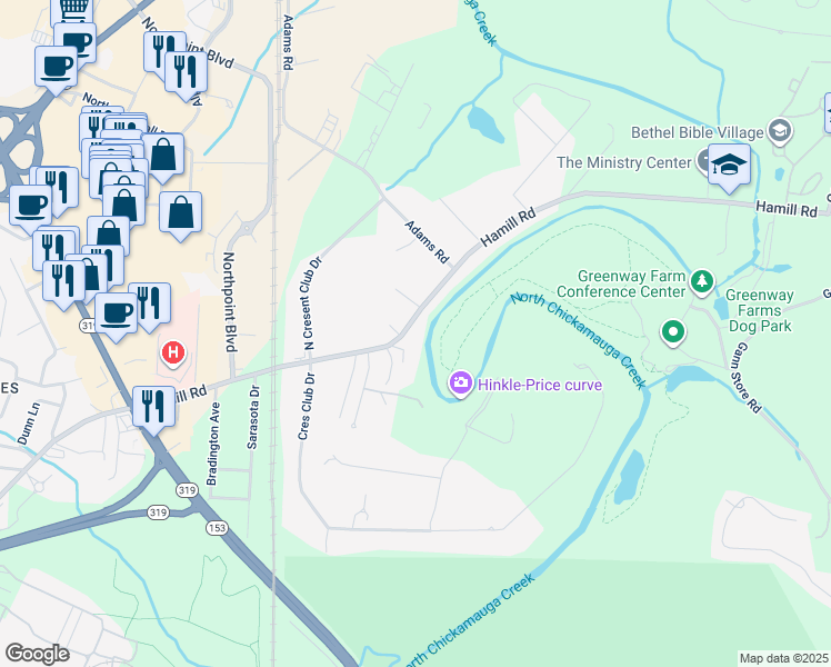 map of restaurants, bars, coffee shops, grocery stores, and more near 2412 Hamill Road in Chattanooga