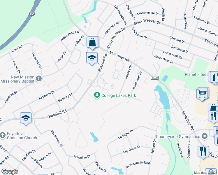 map of restaurants, bars, coffee shops, grocery stores, and more near 608 Castlebar Drive in Fayetteville