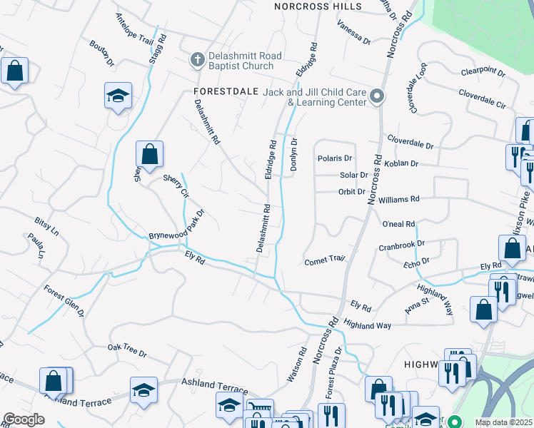 map of restaurants, bars, coffee shops, grocery stores, and more near 4409 Delashmitt Road in Chattanooga
