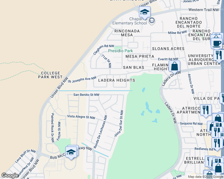 map of restaurants, bars, coffee shops, grocery stores, and more near 6912 Georgetown Avenue Northwest in Albuquerque