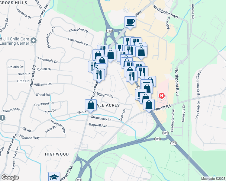 map of restaurants, bars, coffee shops, grocery stores, and more near 1664 Greendale Way in Chattanooga