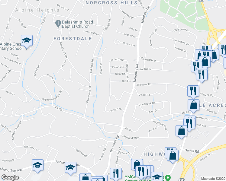 map of restaurants, bars, coffee shops, grocery stores, and more near 4402 Comet Trail in Chattanooga