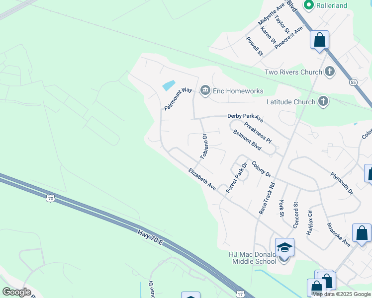 map of restaurants, bars, coffee shops, grocery stores, and more near 121 Buckskin Drive in New Bern