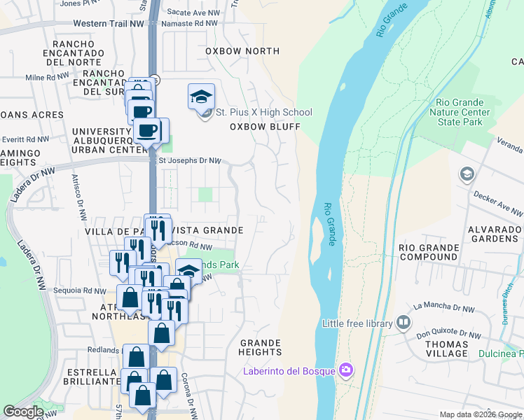 map of restaurants, bars, coffee shops, grocery stores, and more near 3809 Oxbow Village Lane Northwest in Albuquerque