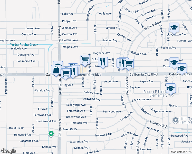 map of restaurants, bars, coffee shops, grocery stores, and more near 20966 83rd Street in California City