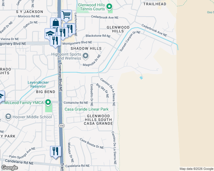 map of restaurants, bars, coffee shops, grocery stores, and more near 4005 Cam De La Sierra Northeast in Albuquerque