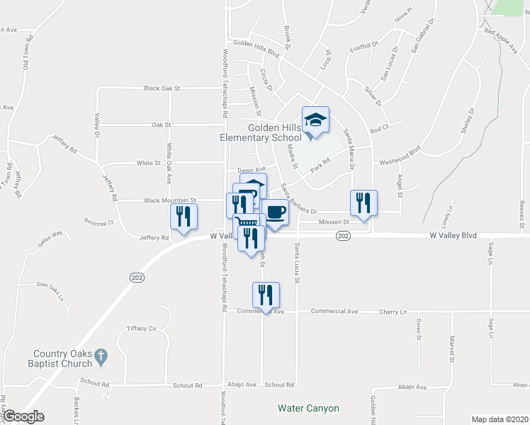 map of restaurants, bars, coffee shops, grocery stores, and more near 20407 Brian Way in Tehachapi