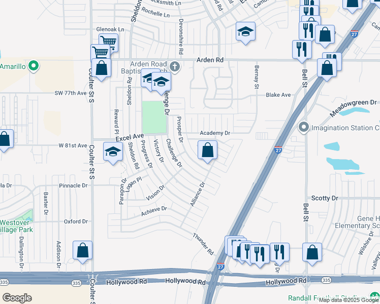 map of restaurants, bars, coffee shops, grocery stores, and more near 8203 Prosper Drive in Amarillo