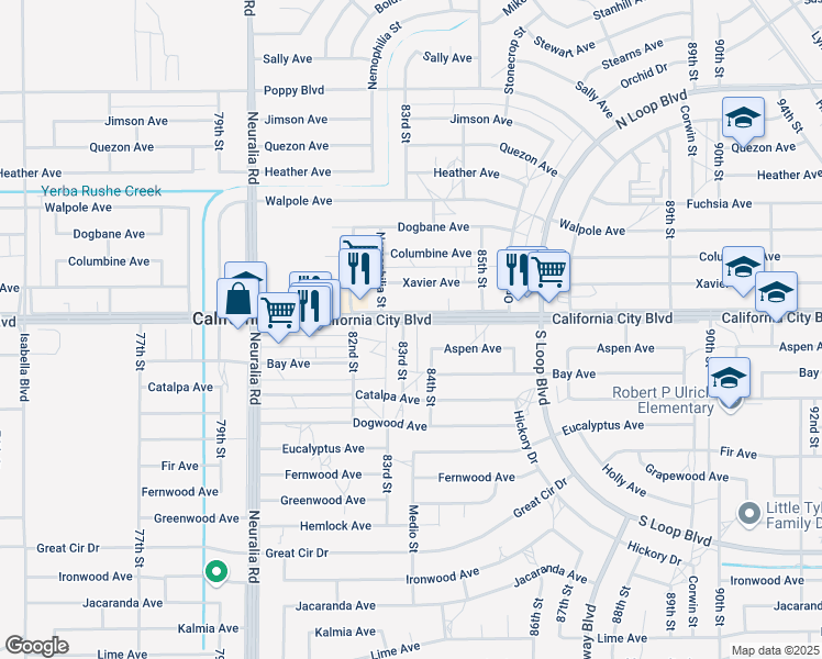 map of restaurants, bars, coffee shops, grocery stores, and more near 20968 83rd Street in California City