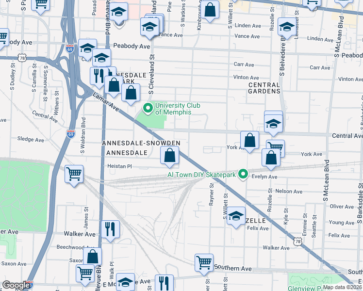 map of restaurants, bars, coffee shops, grocery stores, and more near 1403 Lamar Avenue in Memphis