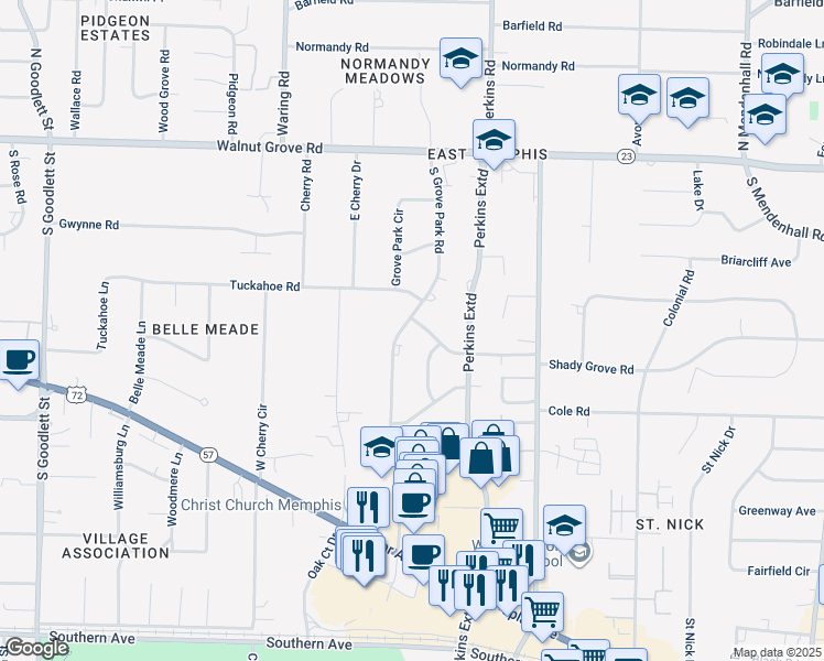 map of restaurants, bars, coffee shops, grocery stores, and more near 200 South Grove Park Road in Memphis