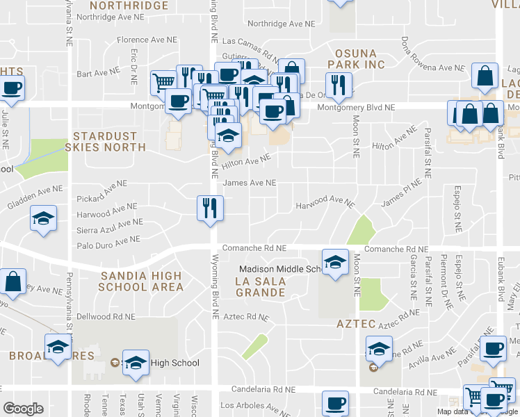 map of restaurants, bars, coffee shops, grocery stores, and more near 3709 General Arnold Street Northeast in Albuquerque