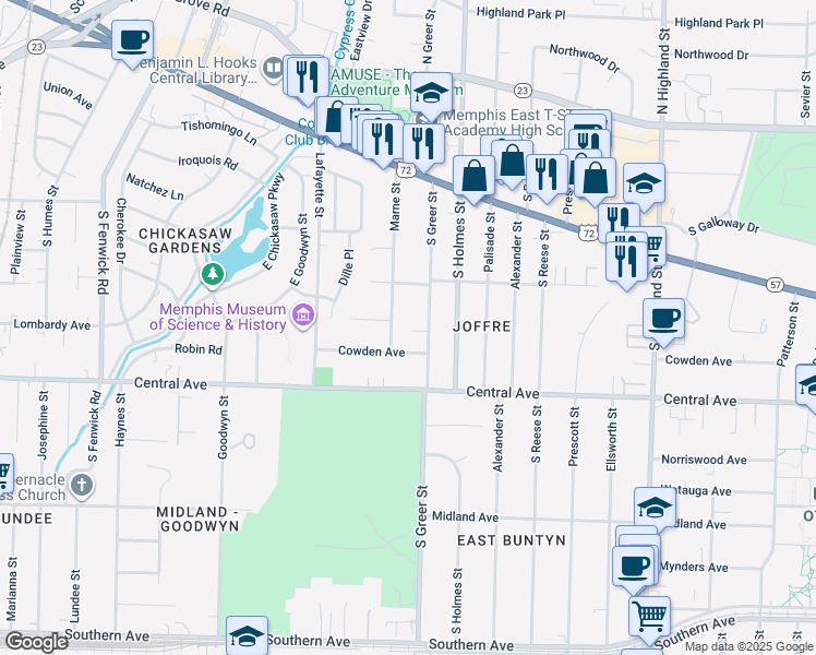 map of restaurants, bars, coffee shops, grocery stores, and more near 3208 Cloar Cove in Memphis
