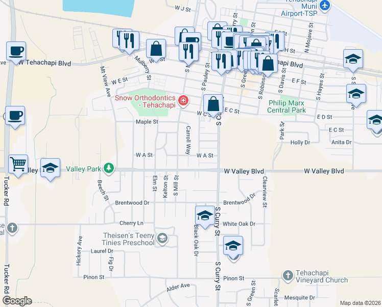 map of restaurants, bars, coffee shops, grocery stores, and more near 534 Carroll Way in Tehachapi