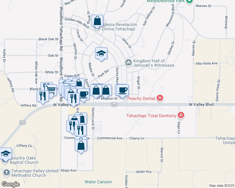 map of restaurants, bars, coffee shops, grocery stores, and more near Santa Barbara Drive & Santa Maria Drive in Tehachapi