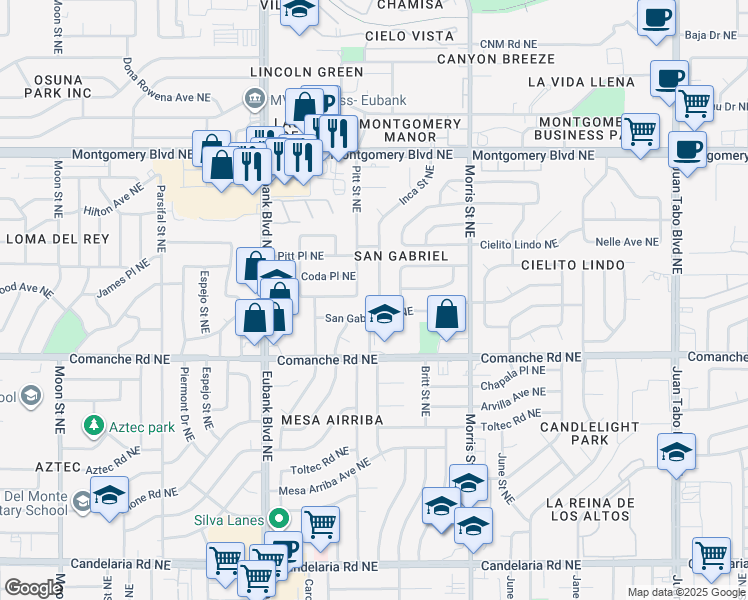 map of restaurants, bars, coffee shops, grocery stores, and more near 3809 Inca Street Northeast in Albuquerque