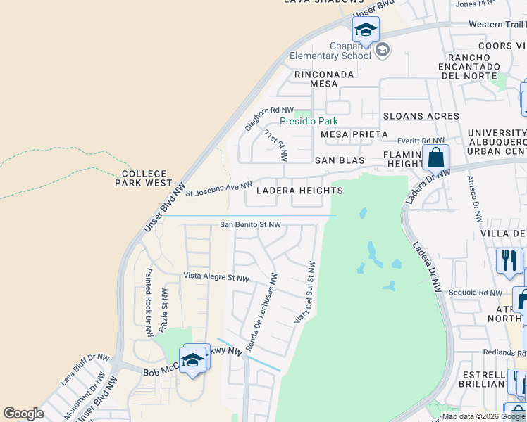 map of restaurants, bars, coffee shops, grocery stores, and more near 7304 Georgetown Avenue Northwest in Albuquerque