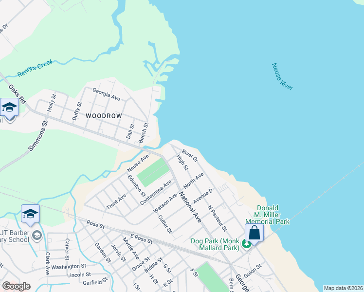 map of restaurants, bars, coffee shops, grocery stores, and more near 1804 River Drive in New Bern