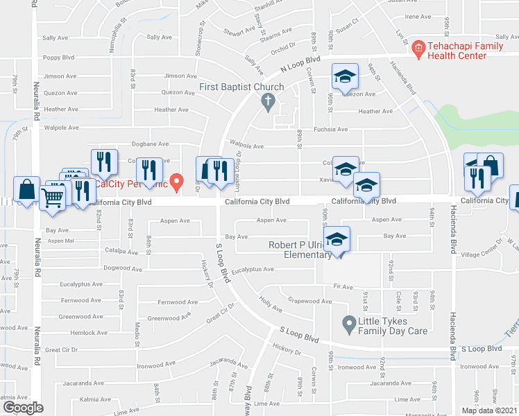 map of restaurants, bars, coffee shops, grocery stores, and more near 8760 California City Boulevard in California City