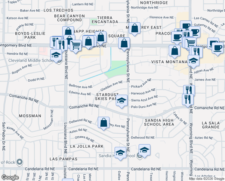 map of restaurants, bars, coffee shops, grocery stores, and more near 7409 Pickard Avenue Northeast in Albuquerque