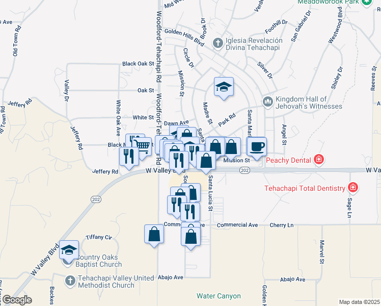 map of restaurants, bars, coffee shops, grocery stores, and more near 20407 Brian Way in Tehachapi