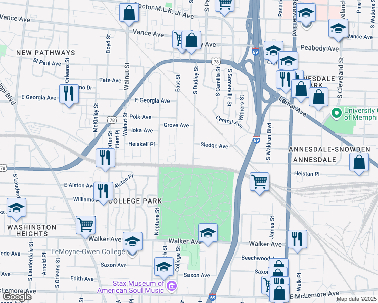 map of restaurants, bars, coffee shops, grocery stores, and more near 787 South Dudley Street in Memphis