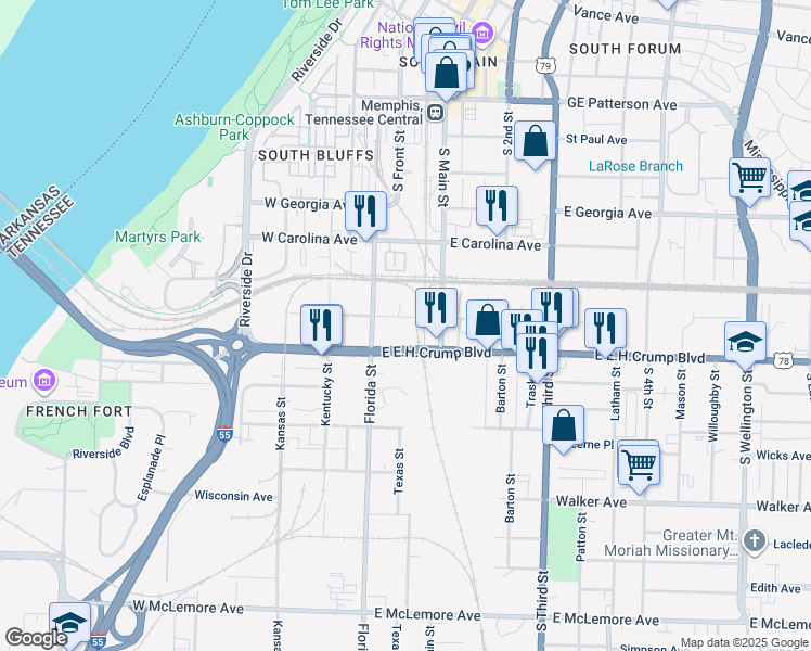 map of restaurants, bars, coffee shops, grocery stores, and more near 805 South Main Street in Memphis