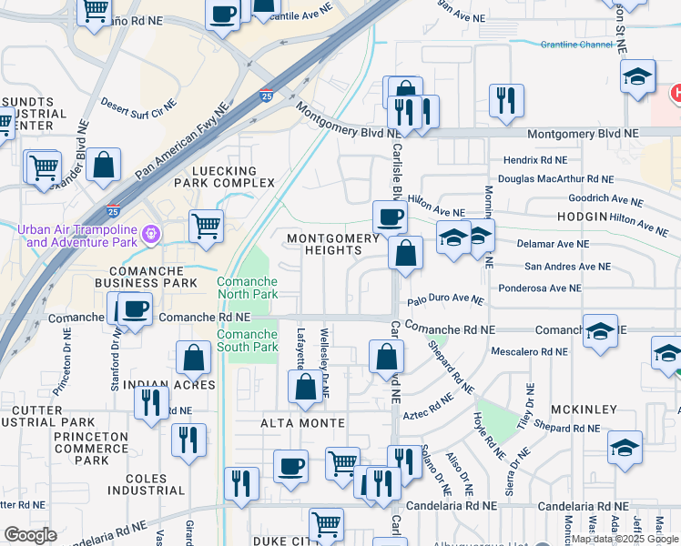 map of restaurants, bars, coffee shops, grocery stores, and more near 3909 Tulane Drive Northeast in Albuquerque