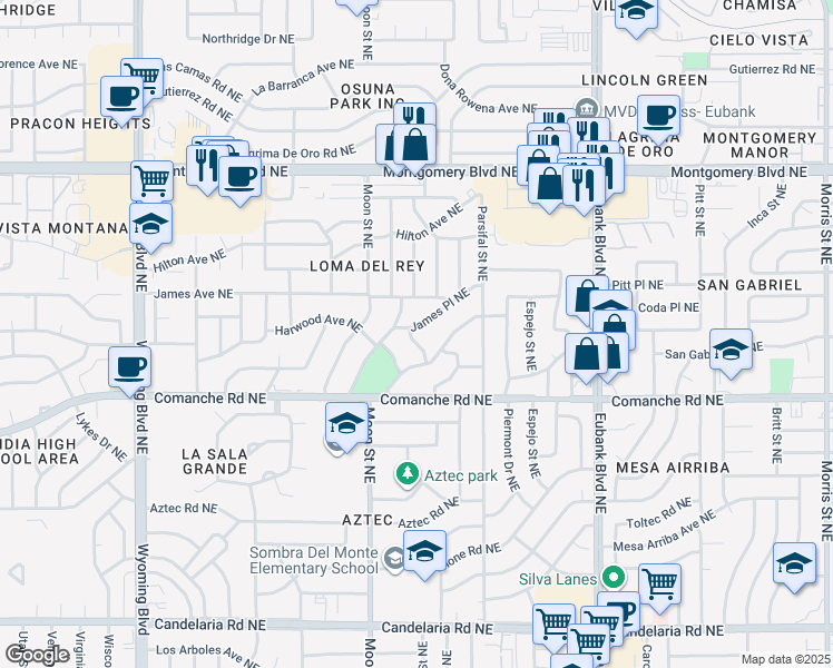 map of restaurants, bars, coffee shops, grocery stores, and more near 3708 Cheraz Road Northeast in Albuquerque