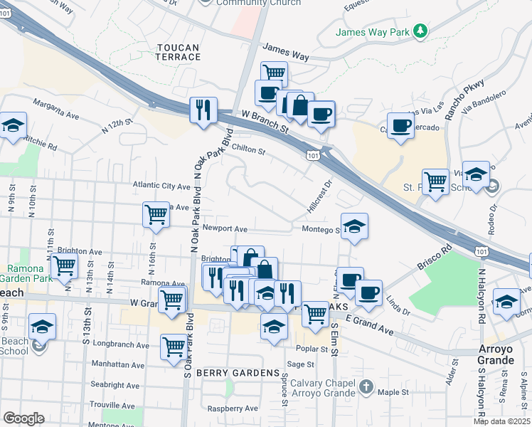 map of restaurants, bars, coffee shops, grocery stores, and more near 1401 Hillcrest Drive in Arroyo Grande