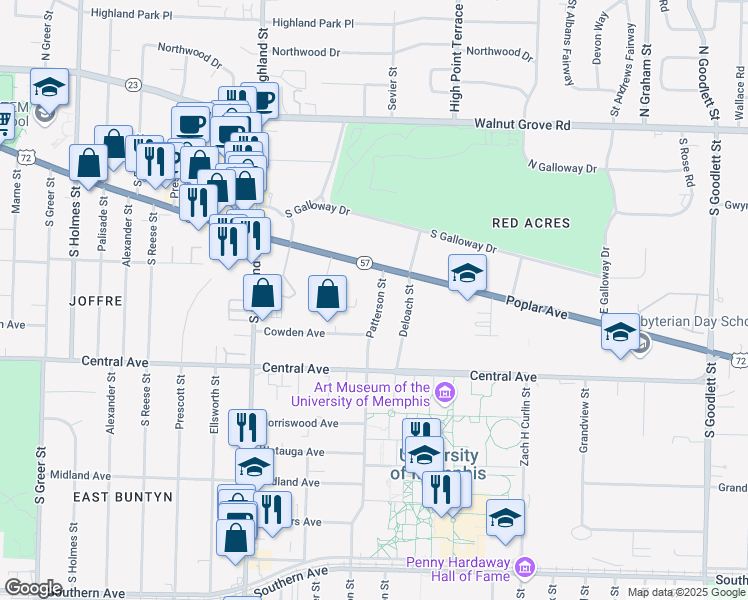 map of restaurants, bars, coffee shops, grocery stores, and more near 227 Patterson Street in Memphis