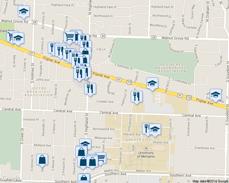 map of restaurants, bars, coffee shops, grocery stores, and more near 276 Ridgefield Road in Memphis