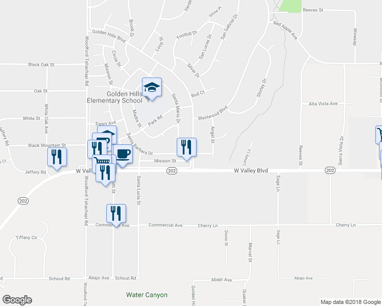 map of restaurants, bars, coffee shops, grocery stores, and more near 21028 Santa Barbara Drive in Tehachapi