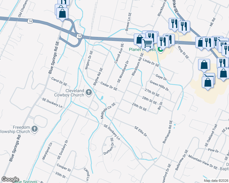map of restaurants, bars, coffee shops, grocery stores, and more near 722 Cedar Dr SE in Cleveland