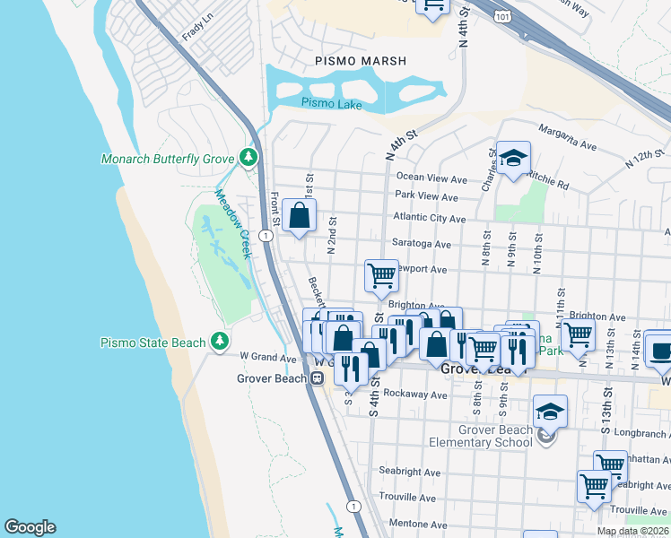 map of restaurants, bars, coffee shops, grocery stores, and more near 204 Newport Avenue in Grover Beach