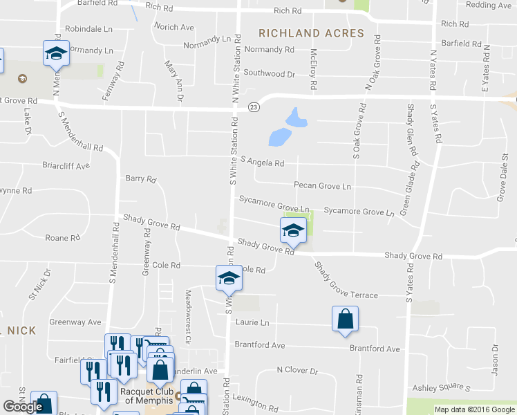map of restaurants, bars, coffee shops, grocery stores, and more near 5269 Sycamore Grove Lane in Memphis