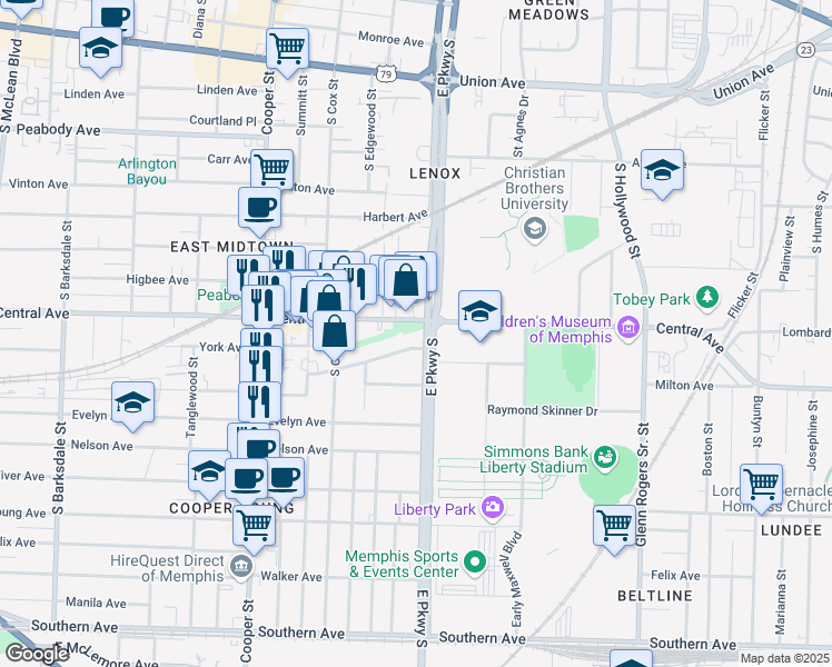 map of restaurants, bars, coffee shops, grocery stores, and more near 733 East Parkway South in Memphis