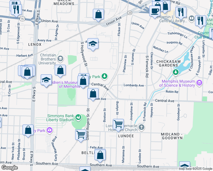 map of restaurants, bars, coffee shops, grocery stores, and more near 2650 Lombardy Avenue in Memphis