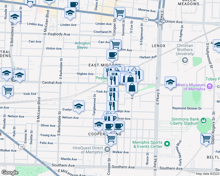 map of restaurants, bars, coffee shops, grocery stores, and more near 739 Cooper Street in Memphis
