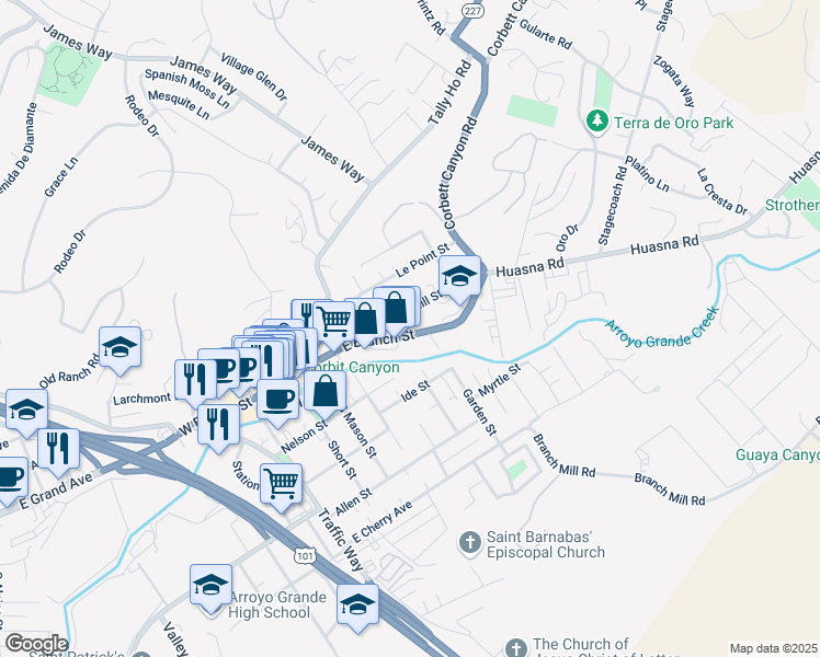 map of restaurants, bars, coffee shops, grocery stores, and more near 539 East Branch Street in Arroyo Grande